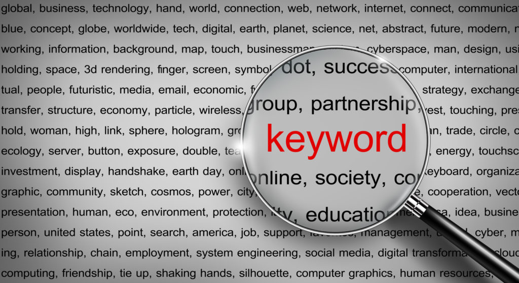 Magnifying glass zoom to KEYWORD with red for SEO search engine optimization and web analytics. Searching internet data information network, Word cloud form google, Keyword research. 3D illustration.